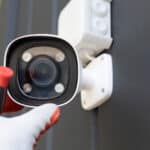 Technician installing an outdoor home security camera