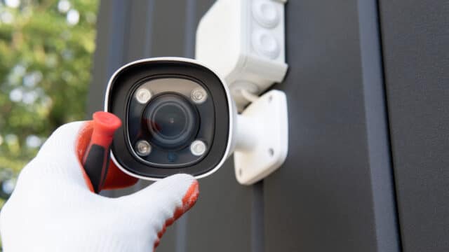 Technician installing an outdoor home security camera