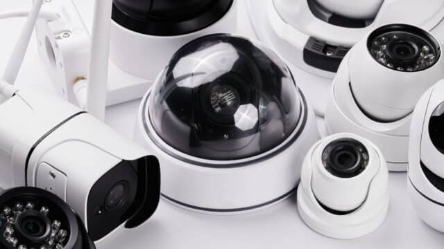 Assortment of wired and wireless home security cameras, including dome and bullet camera styles
